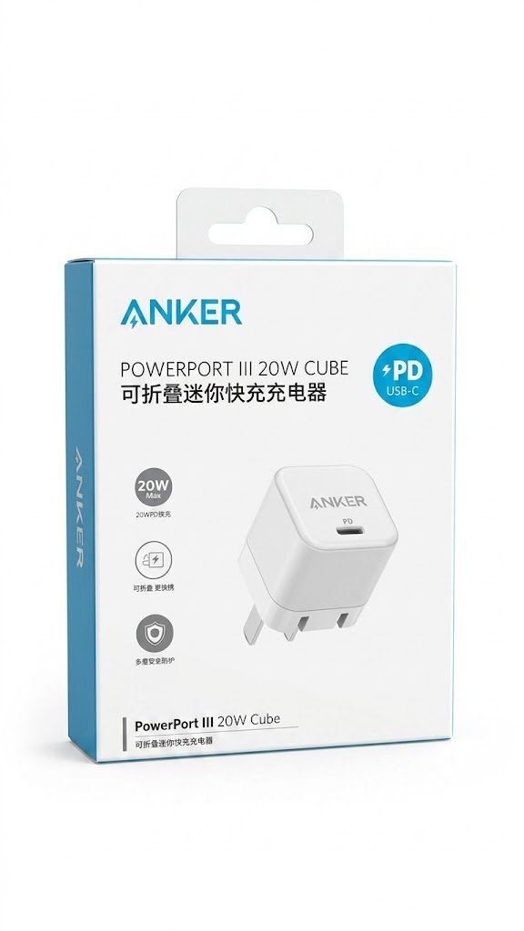 شاحن جداري سريع أنكر باور بورت 3 مكعب بقوة 20 واط (Anker PowerPort III 20W Cube USB-C).