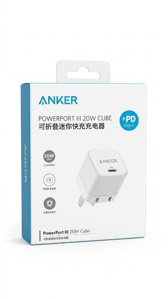 شاحن جداري سريع أنكر باور بورت 3 مكعب بقوة 20 واط (Anker PowerPort III 20W Cube USB-C).