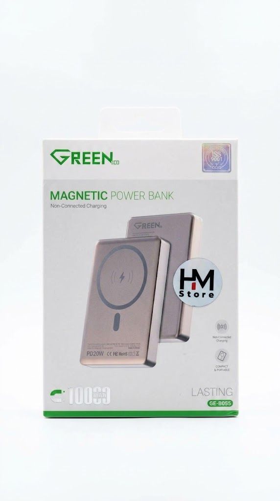 باور بانك مغناطيسي لاسلكي جرين كو بسعة 10000 مللي أمبير وشحن سريع PD بقوة 20 واط (Green Co Magnetic Power Bank 10000mAh - Lasting GE-B055).