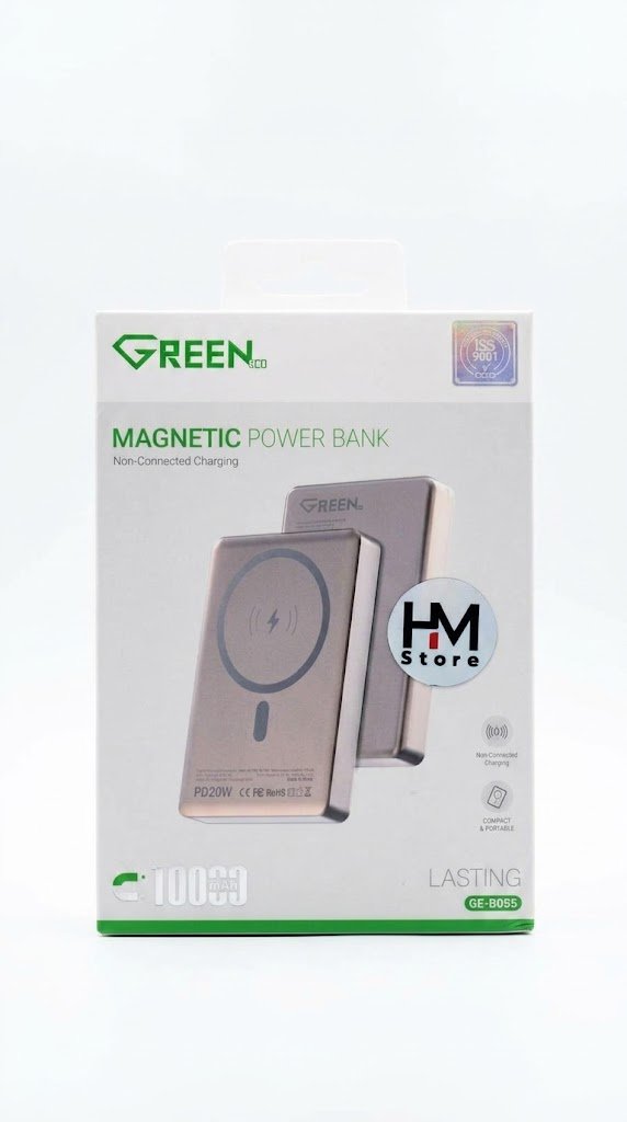 باور بانك مغناطيسي لاسلكي جرين كو بسعة 10000 مللي أمبير وشحن سريع PD بقوة 20 واط (Green Co Magnetic Power Bank 10000mAh - Lasting GE-B055).