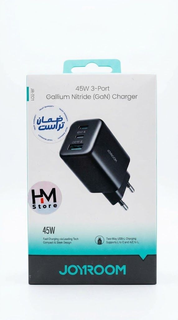 شاحن سريع جويروم جان 45 واط بـ 3 منافذ (Joyroom 45W 3-Port Gallium Nitride GaN Charger - Model JR-TC1).