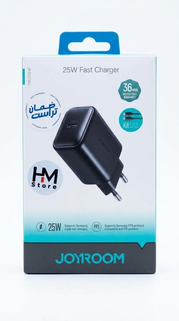 شاحن جداري سريع جويروم 25 واط بمنفذ تايب سي مع كابل تايب سي إلى تايب سي (Joyroom 25W Fast Charger USB-C Kit - Model JR-TCF23EU).