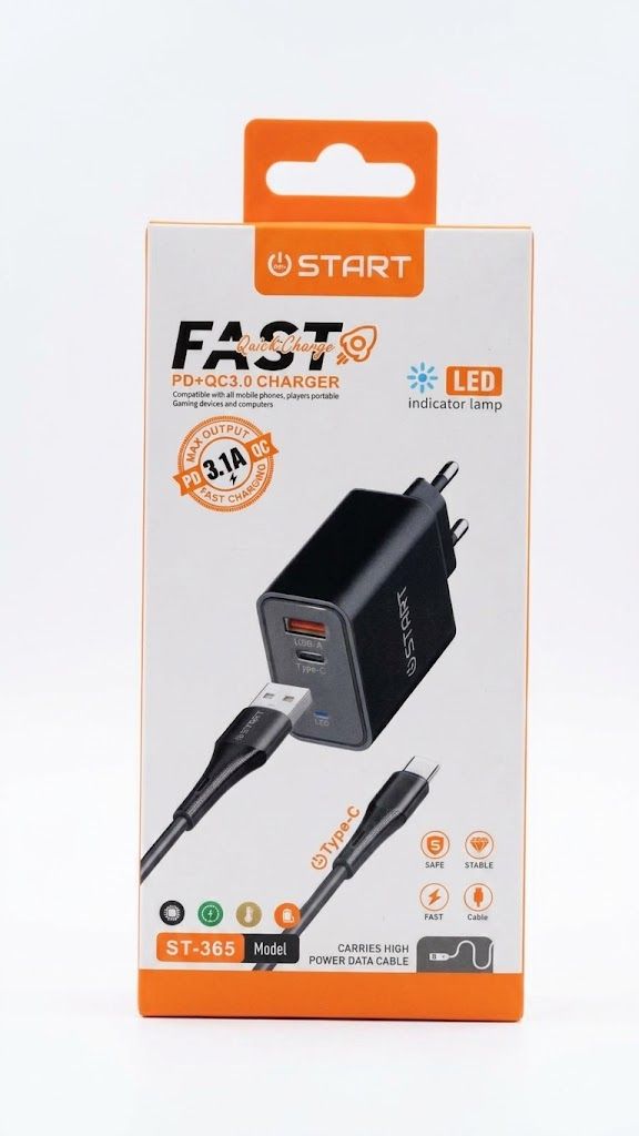 شاحن سريع ستارت بمنفذين PD + QC3.0 بقوة 3.1A مع كابل Type-C ومؤشر LED (START Fast Charger ST-365).