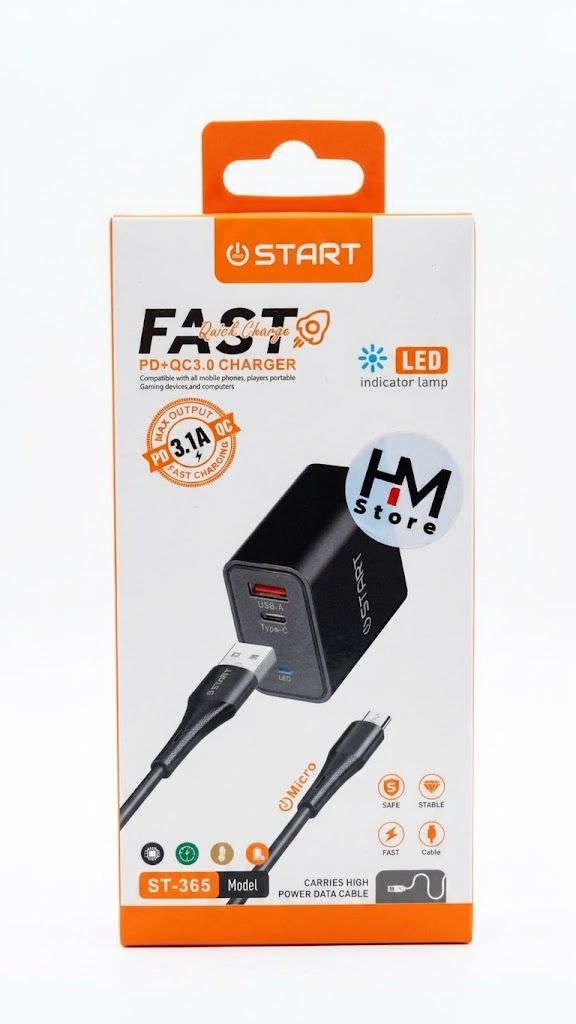 شاحن سريع ستارت بمنفذين PD + QC بقوة 3.1A مع كابل مايكرو (START Fast Charger ST-365 - Micro Kit).