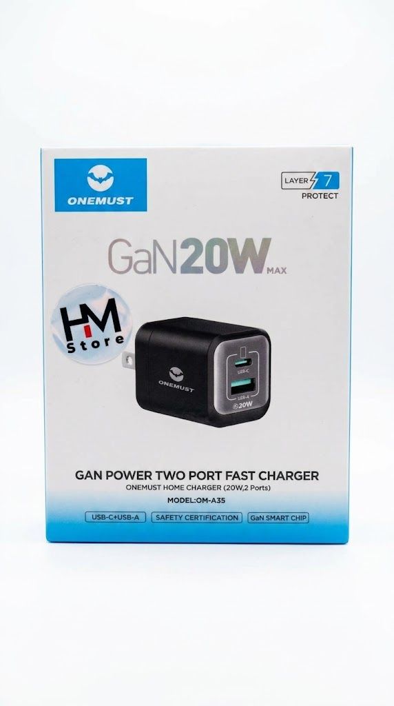 شاحن سريع ون مست جان 20 واط بمنفذين USB-C و USB-A (ONEMUST GaN 20W Fast Charger - Model OM-A35).