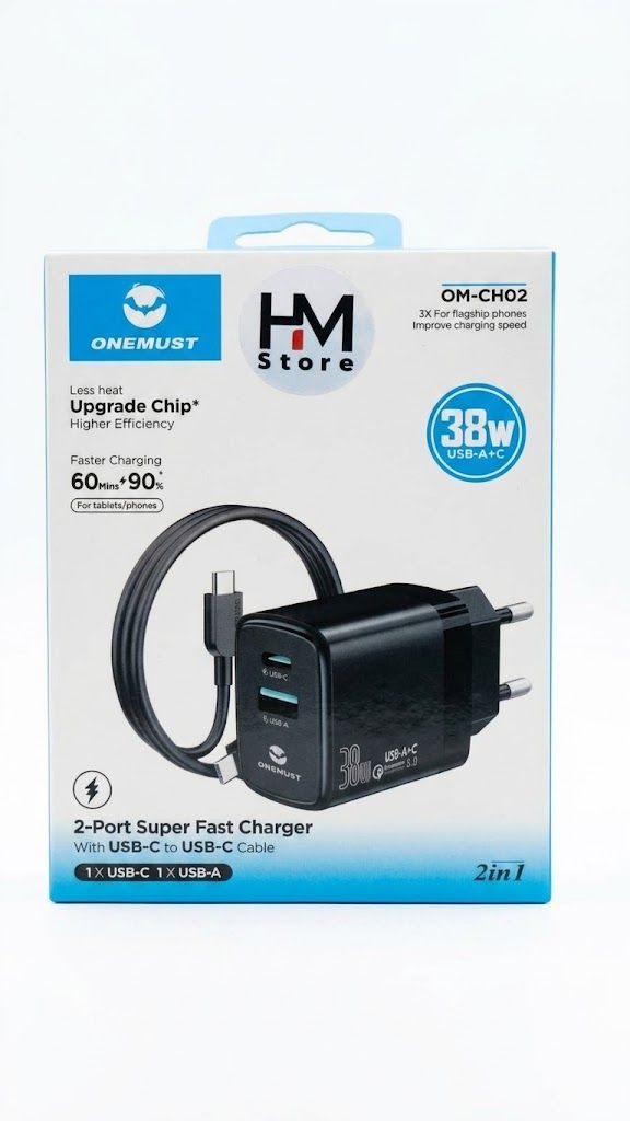 شاحن فائق السرعة ون مست 38 واط بمنفذين مع كابل تايب سي إلى تايب سي (ONEMUST 38W 2-Port Super Fast Charger Kit - Model OM-CH02).