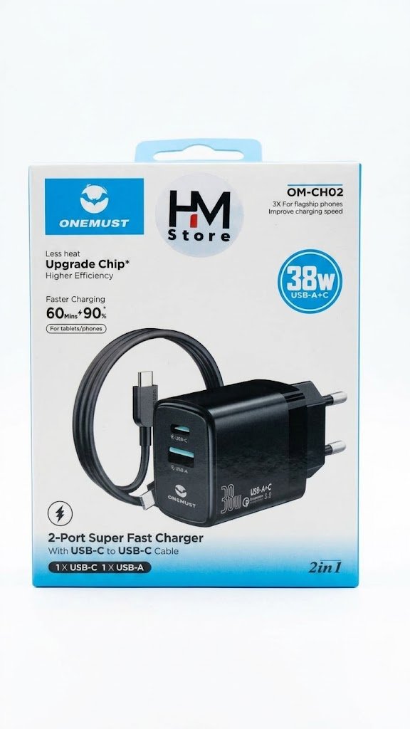 شاحن فائق السرعة ون مست 38 واط بمنفذين مع كابل تايب سي إلى تايب سي (ONEMUST 38W 2-Port Super Fast Charger Kit - Model OM-CH02).