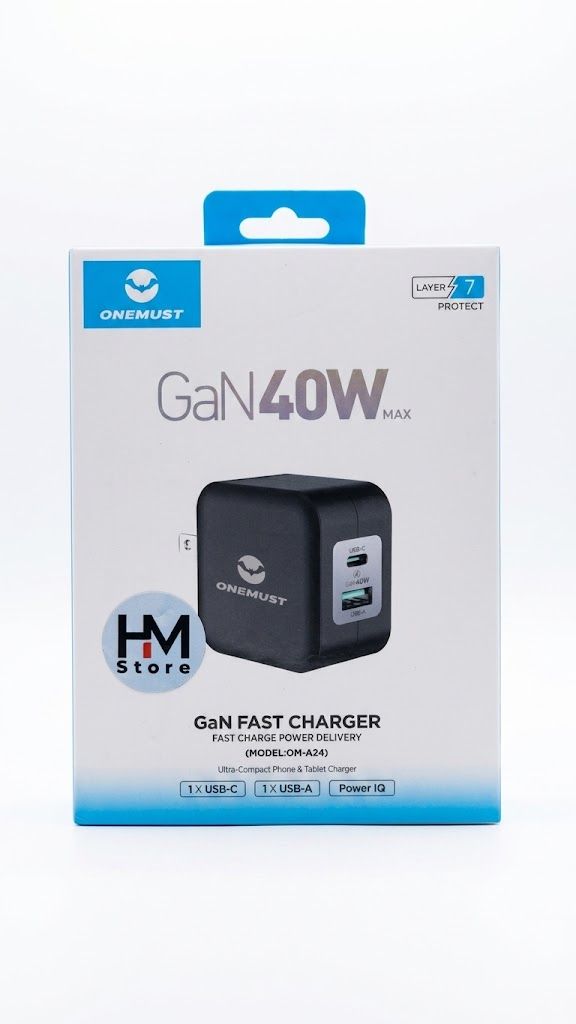 شاحن سريع ون مست جان 40 واط بمنفذين USB-C و USB-A (ONEMUST GaN 40W Fast Charger - Model OM-A24).