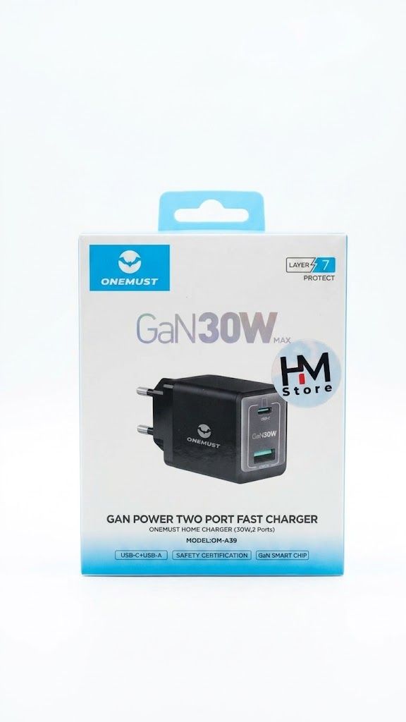 شاحن سريع ون مست جان 30 واط بمنفذين USB-C و USB-A (ONEMUST GaN 30W Fast Charger - Model OM-A39).