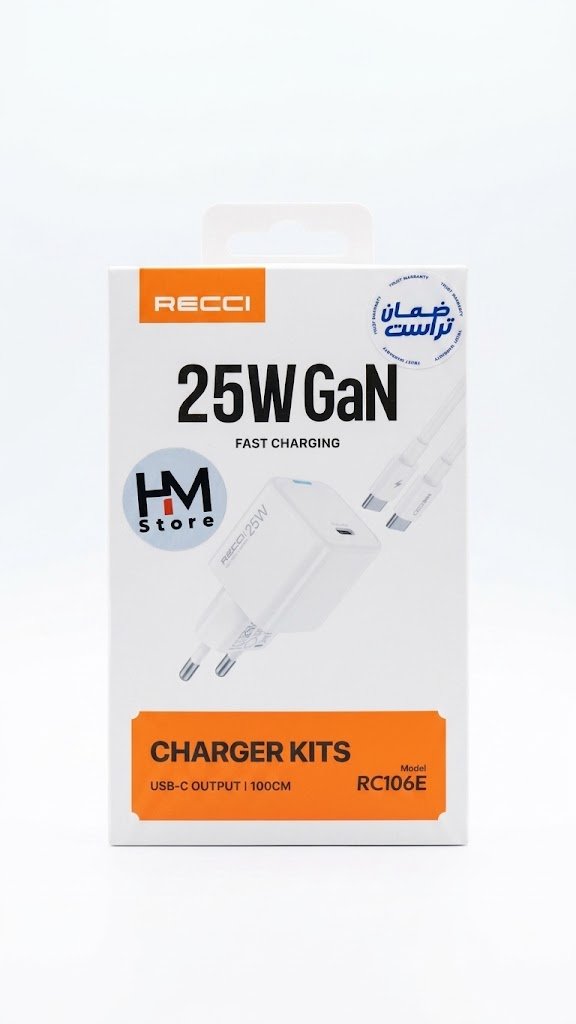 شاحن سريع ريسي جان 25 واط مع كابل تايب سي (RECCI 25W GaN Fast Charger Kit - Model RC106E).