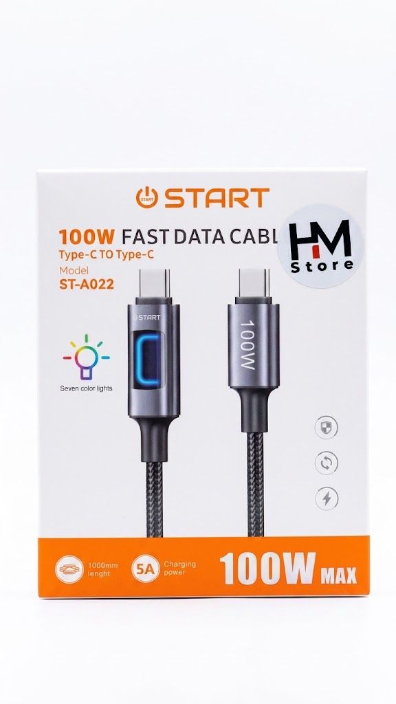 كابل شحن سريع ونقل بيانات ستارت (START ST-A022) بقوة 100 واط (Type-C إلى Type-C) مع إضاءة RGB.