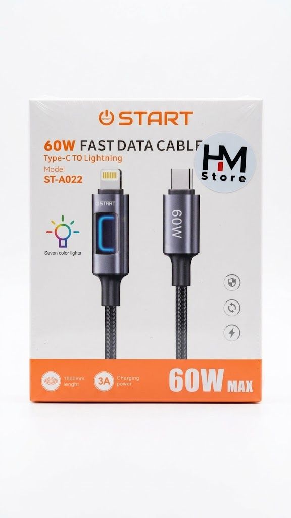 كابل شحن سريع ونقل بيانات ستارت (START ST-A022) بقوة 60 واط (Type-C إلى Lightning) مع إضاءة RGB.