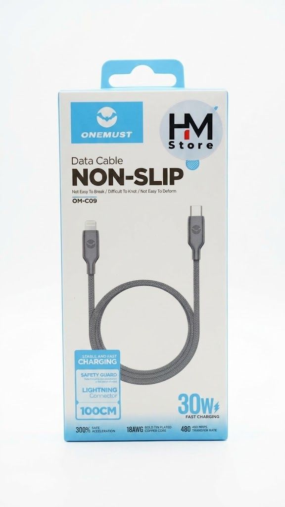 كابل شحن سريع ونقل بيانات ون ماست (ONEMUST NON-SLIP OM-C09) بقوة 30W (منفذ Type-C إلى Lightning).