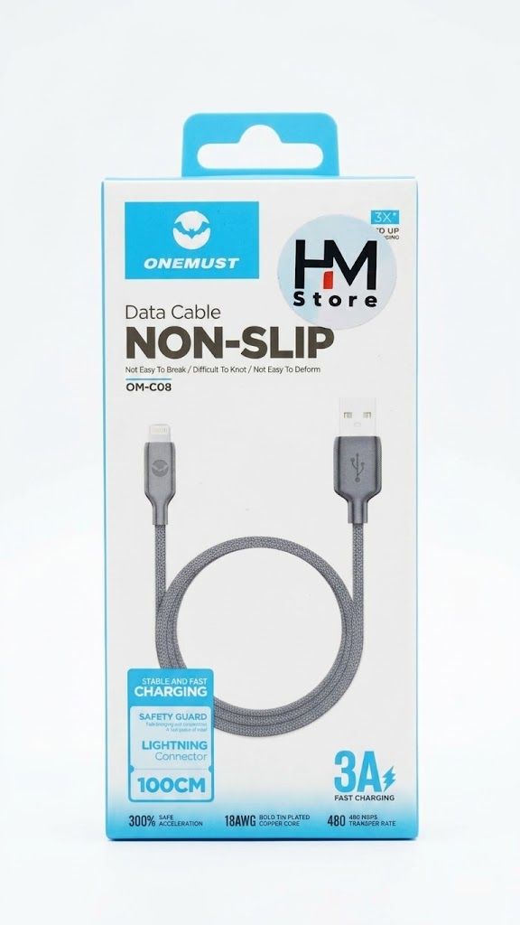 كابل شحن سريع ونقل بيانات ون ماست (ONEMUST NON-SLIP OM-C08) بقوة 3A (منفذ USB-A إلى Lightning).
