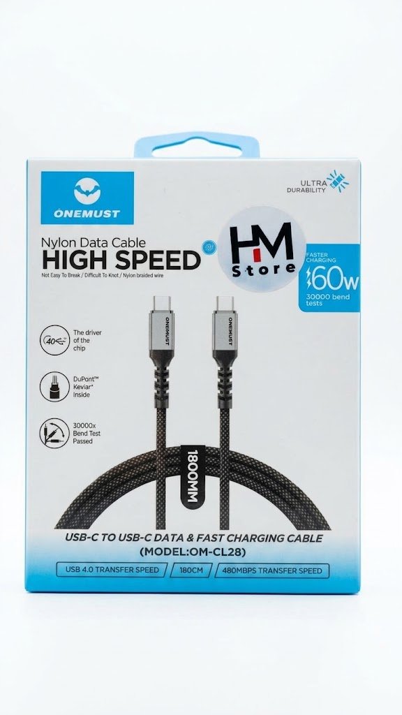 كابل نايلون للشحن السريع ونقل البيانات ون ماست (ONEMUST HIGH SPEED OM-CL28) بقوة 60W (منفذ USB-C إلى USB-C).