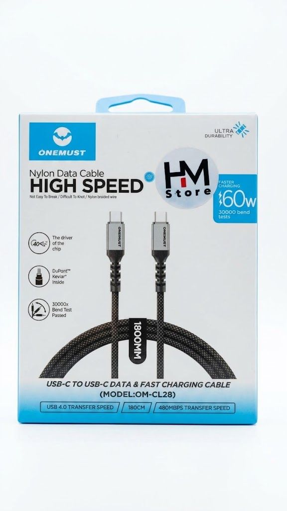 كابل نايلون للشحن السريع ونقل البيانات ون ماست (ONEMUST HIGH SPEED OM-CL28) بقوة 60W (منفذ USB-C إلى USB-C).