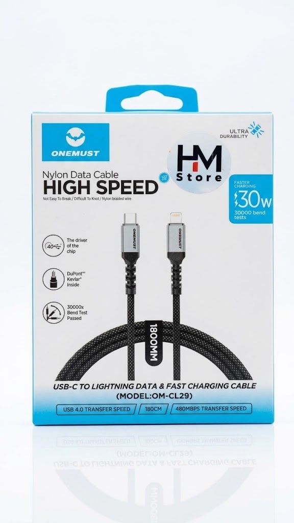 كابل نايلون للشحن السريع ونقل البيانات ون ماست (ONEMUST HIGH SPEED OM-CL29) بقوة 30W (منفذ USB-C إلى Lightning).