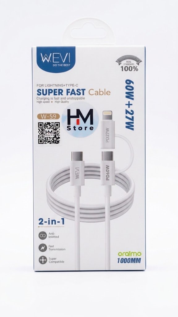 كابل شحن سريع ونقل بيانات 2 في 1 من ويفي (WEVI W-59) بقدرة 60W + 27W (منفذ Lightning + Type-C).