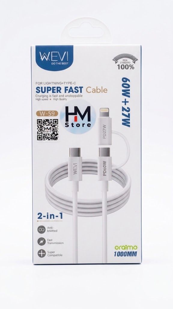 كابل شحن سريع ونقل بيانات 2 في 1 من ويفي (WEVI W-59) بقدرة 60W + 27W (منفذ Lightning + Type-C).