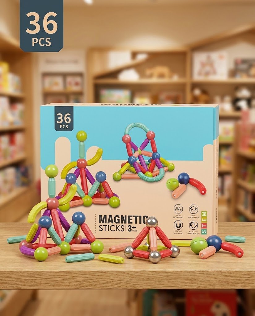 مجموعة عصي وكرات البناء المغناطيسية التعليمية 36 قطعة (Magnetic Sticks - STEM Toy)