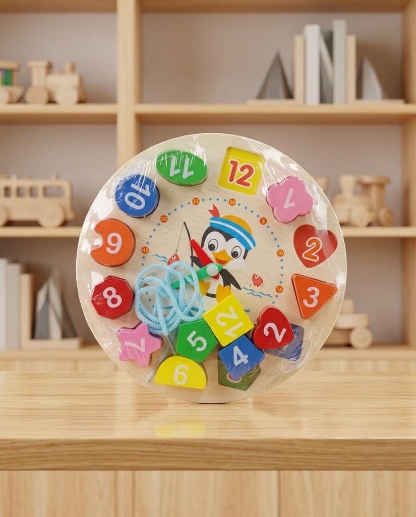 ساعة الأشكال الخشبية التعليمية واللضم (Wooden Shape Sorting Clock)