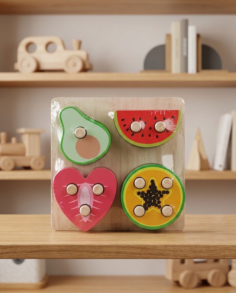 بازل أعمدة الفواكه الخشبية ومطابقة الأشكال (Wooden Fruits Shape Sorting Puzzle)