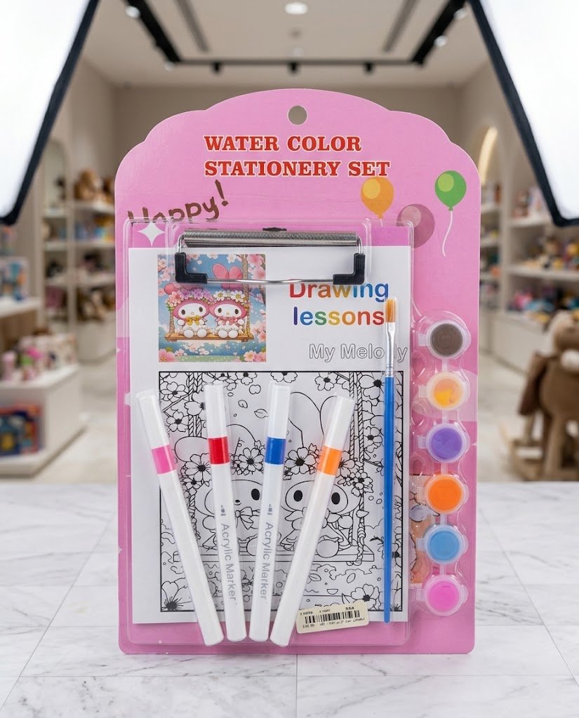 طقم أدوات تلوين ورسم مائي متكامل مع لوح مشبك (Water Color Stationery Set - My Melody)