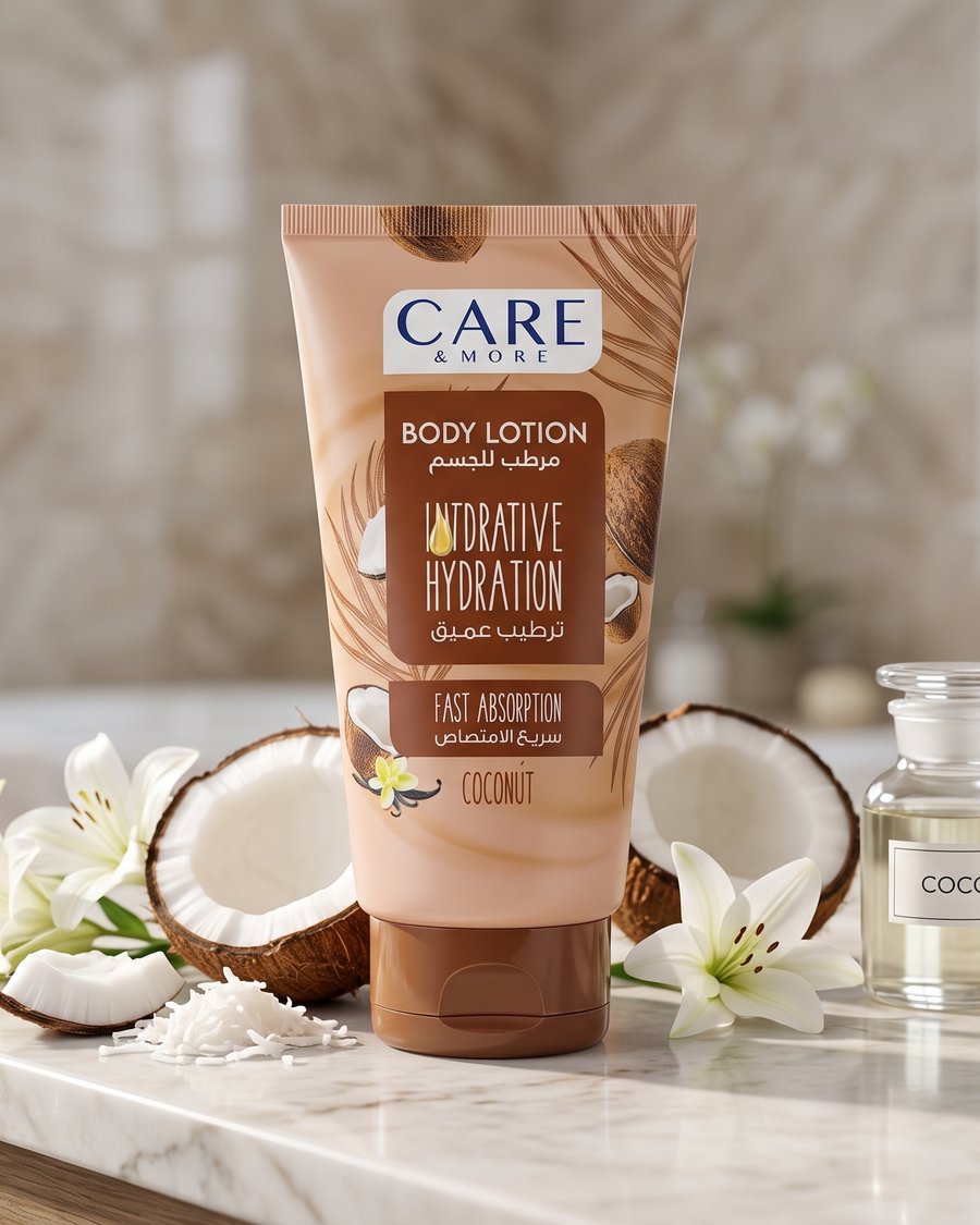 لوشن الجسم كير آند مور بجوز الهند (Care & More Body Lotion - Coconut) مع ميزة "الترطيب العميق" (Intensive Hydration).